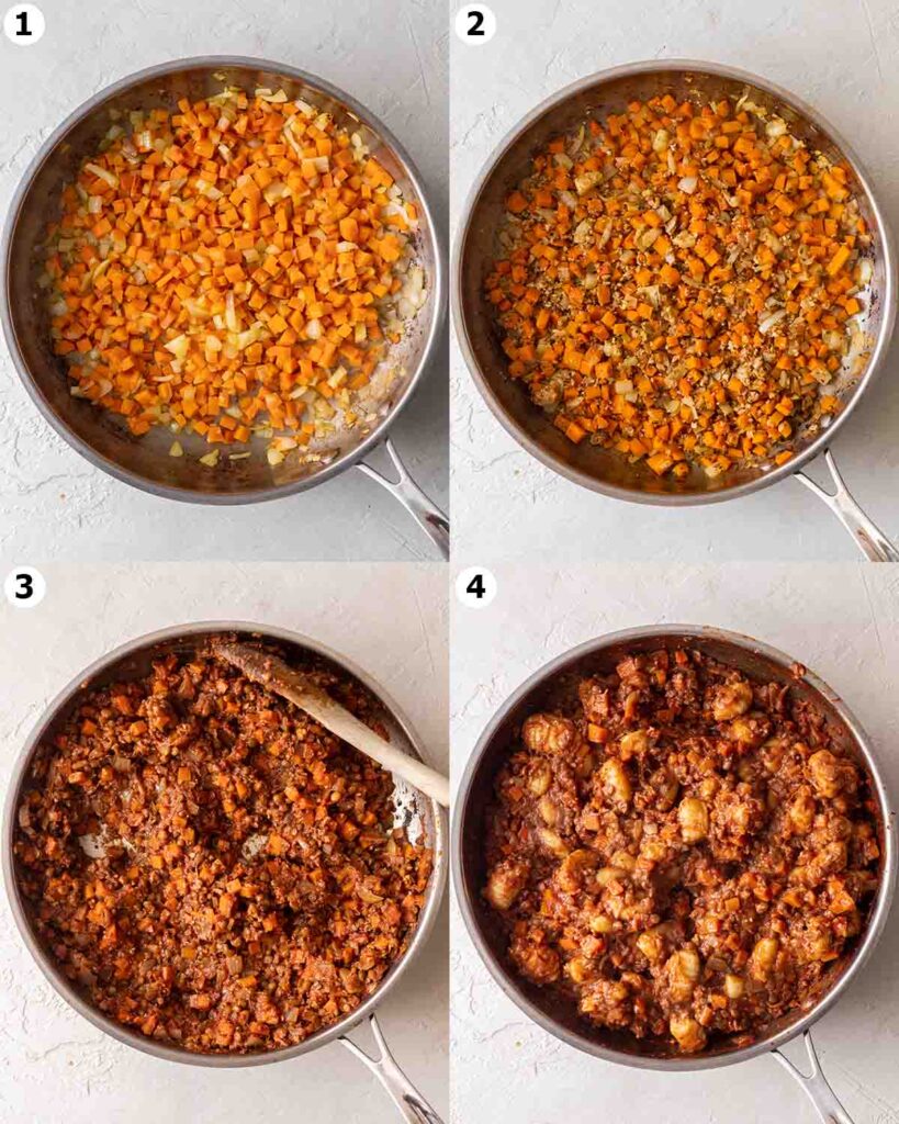 Four image collage of how to make lentil bolognese sauce.