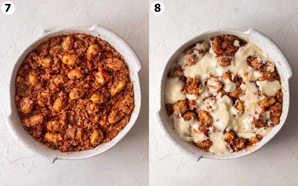Two image collage showing casserole dish with gnocchi bolognese mixture and white bechamel sauce on top.