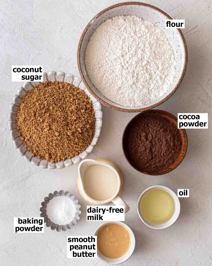 Flatlay of ingredients for peanut butter muffins.