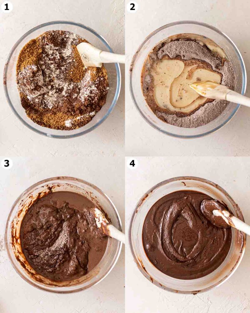 Four image collage of how to prepare the muffin batter.