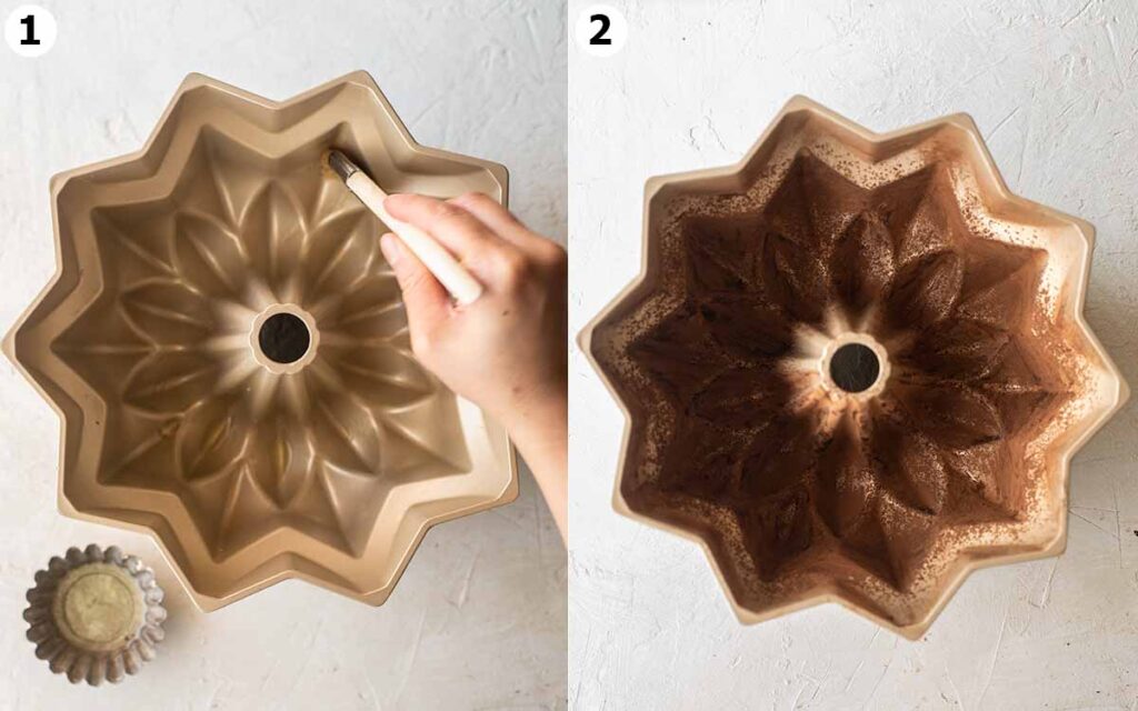 Two image collage of brushing a bundt tin with melted butter and with a thin dusting of cocoa powder.