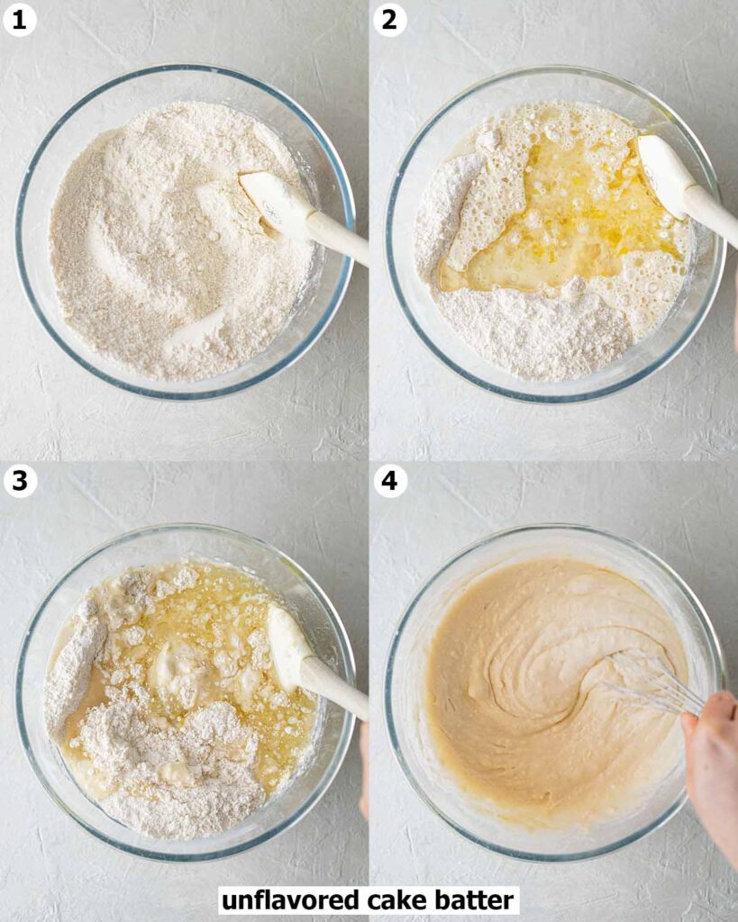 Four image collage of preparing the unflavored cake batter.