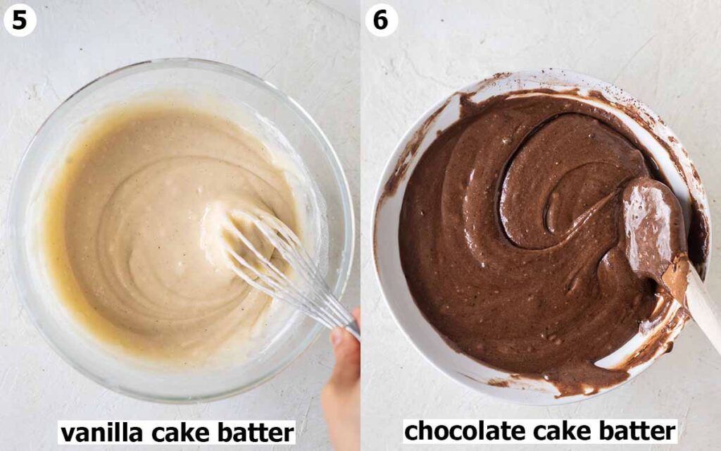 Two image collage of vanilla and chocolate cake batter.