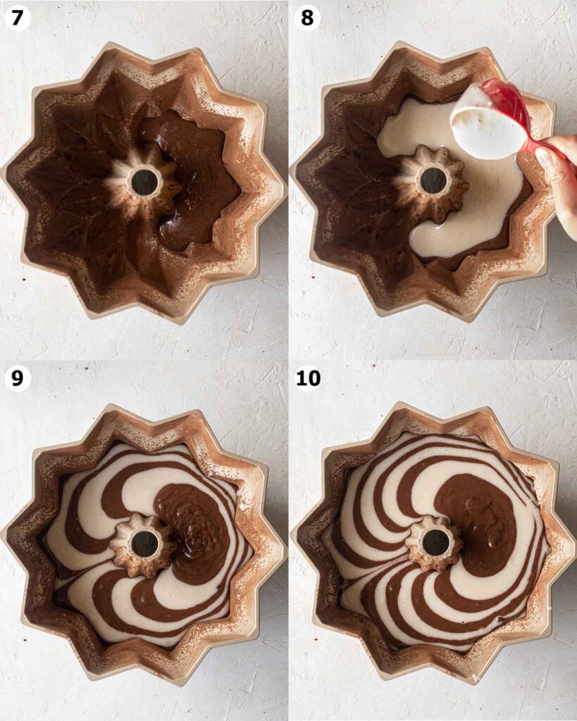 Four image collage of bundt tin filled with chocolate and vanilla cake batter in zebra pattern.