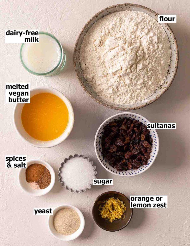 Flatlay of ingredients for brioche hot cross buns.