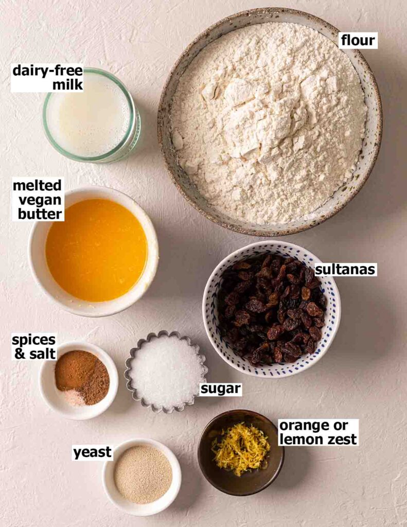 Flatlay of ingredients for brioche hot cross buns.