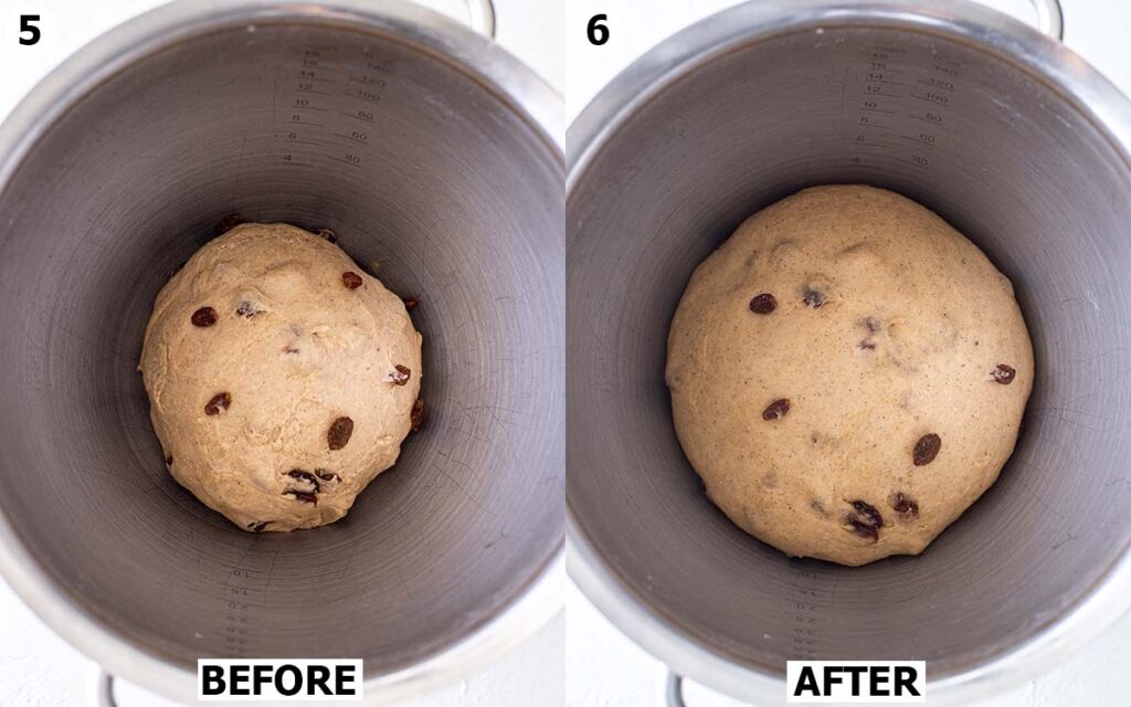 Two image collage of first rise of dough, before and after.