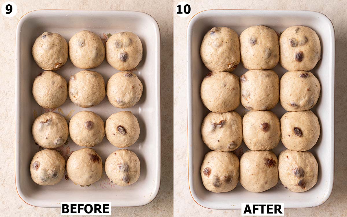 Two image collage of before and after shaped dough rises in baking tray.