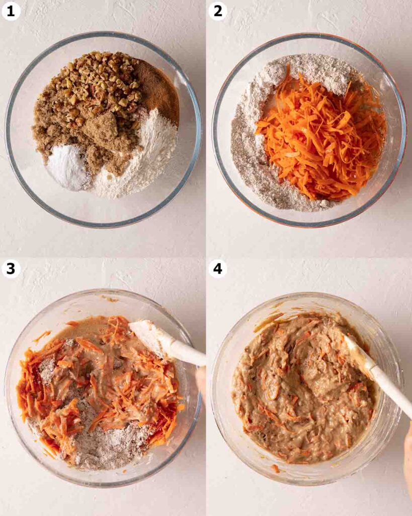Four image collage of how to make the batter for the carrot cake cupcakes.