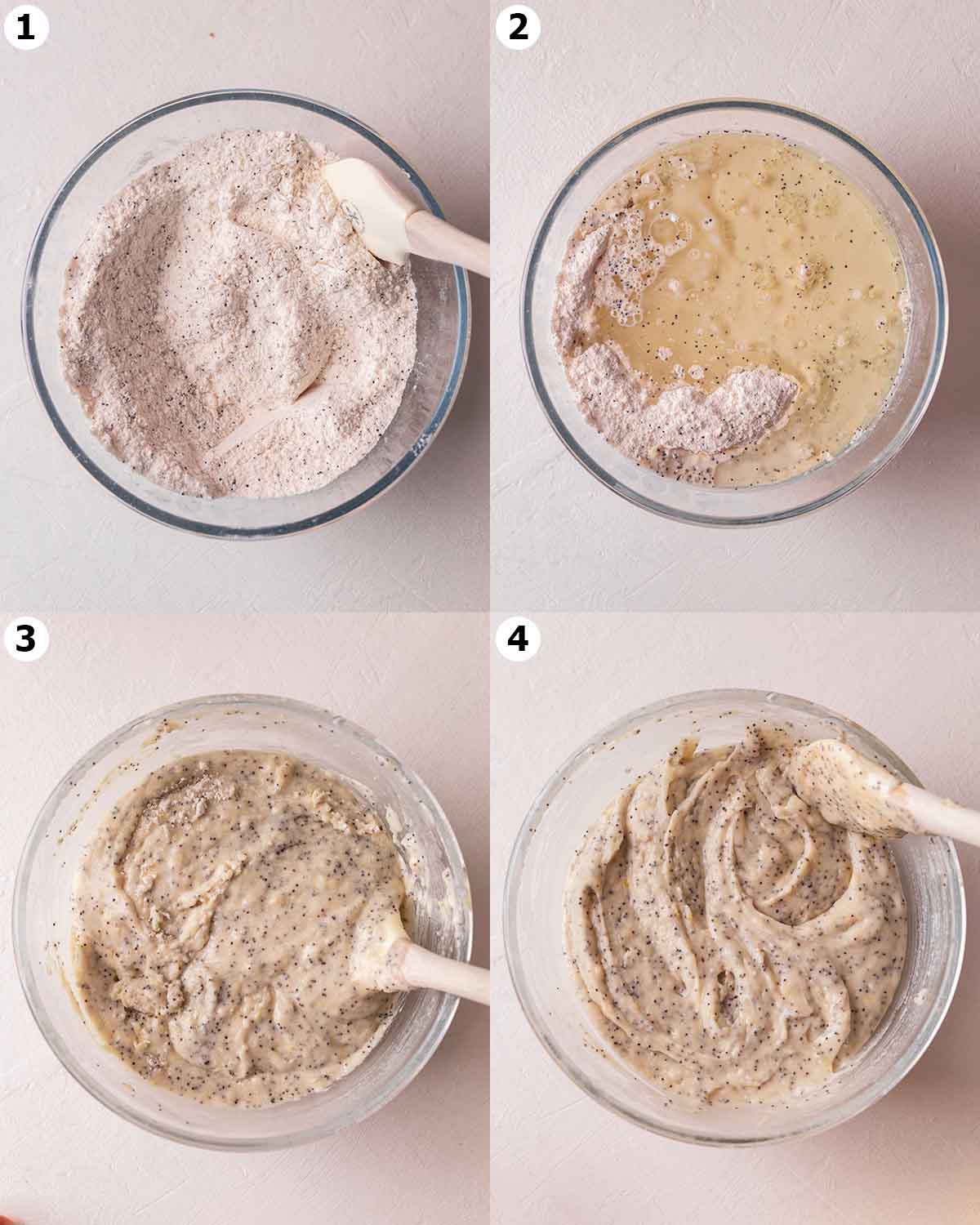 Four image collage showing h ow the muffin batter comes together in one bowl.