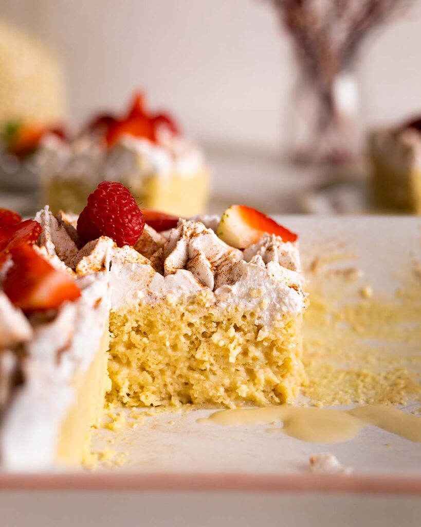 Decorated tres leches cake in casserole dish.