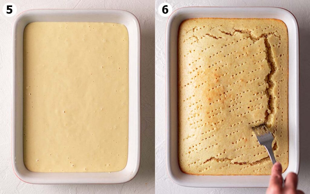 Two image collage of before and after vanilla sponge cake is baked in casserole dish.