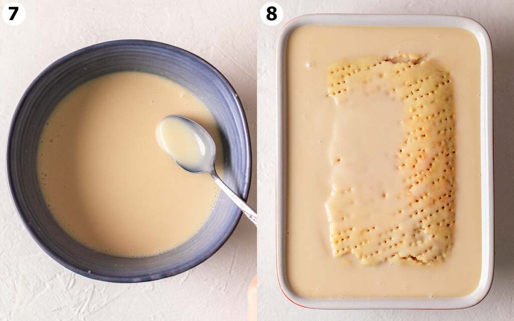 Two image collage of milk mixture in bowl and poured on top of vanilla cake.