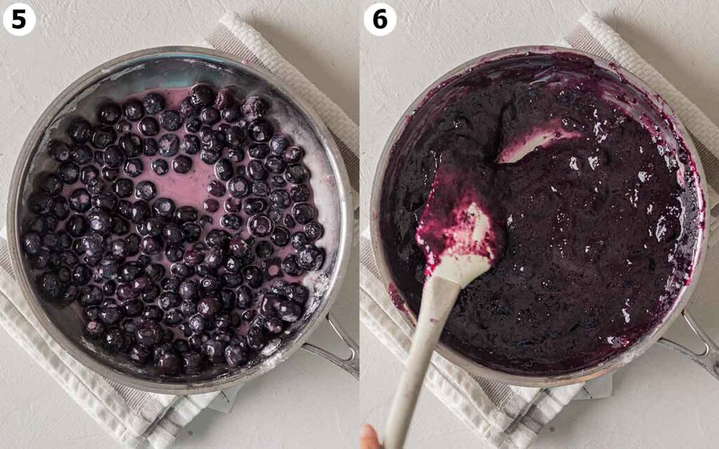 Two image collage of making the thick blueberry filling in saucepan.