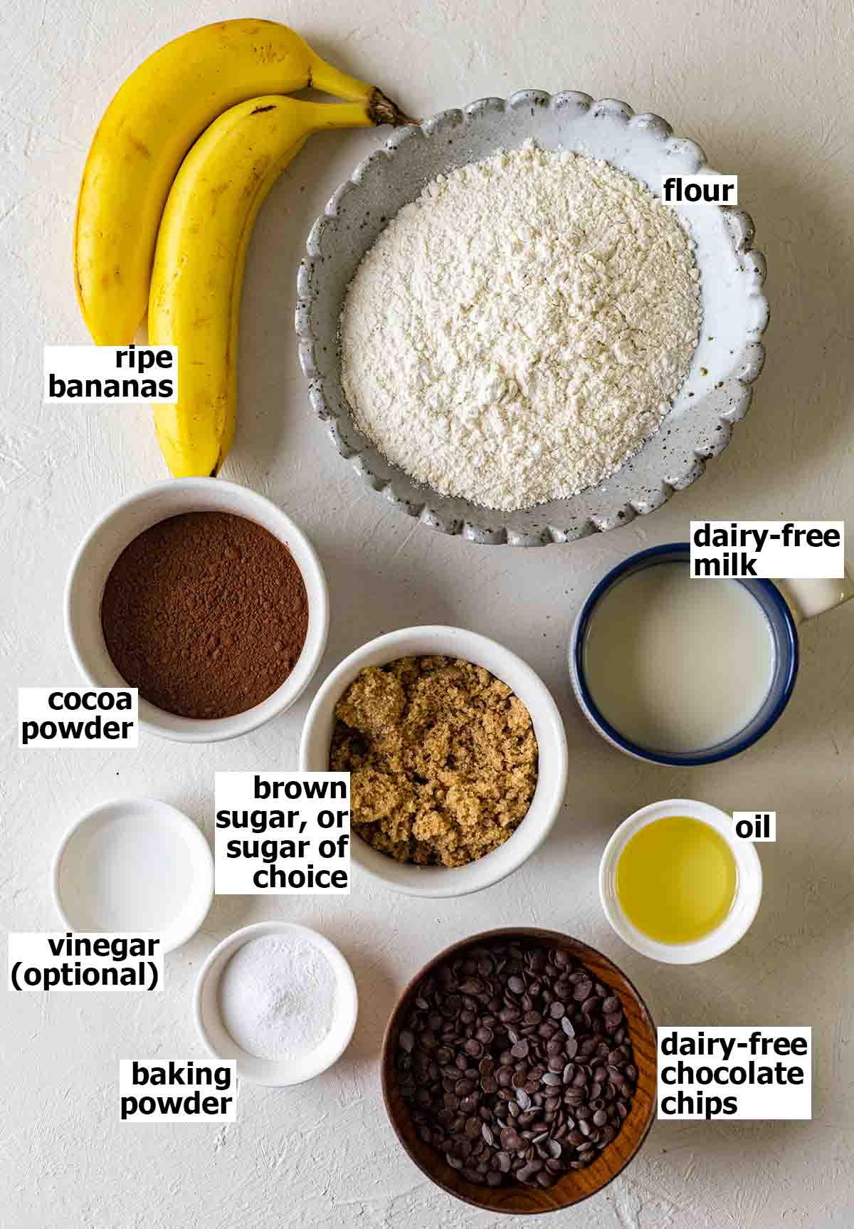 Flatlay of ingredients for vegan chocolate banana bread.