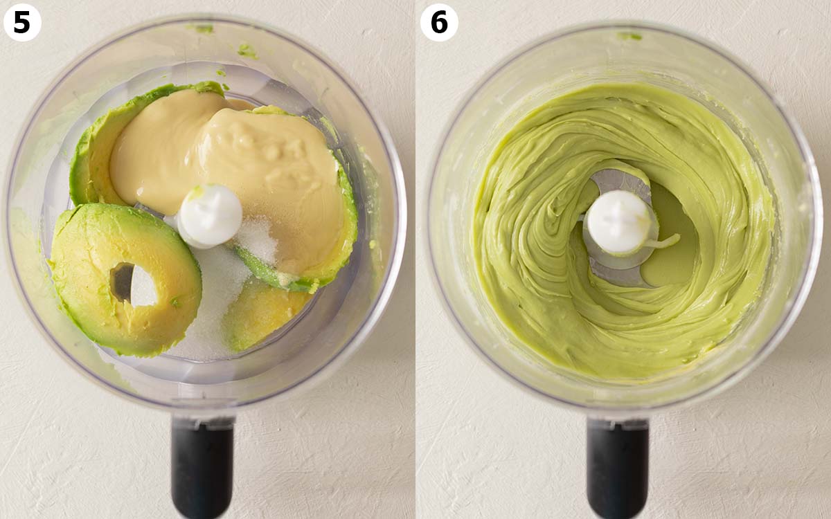 Two image collage of avocado, white chocolate, sugar and mint extract in food processor.