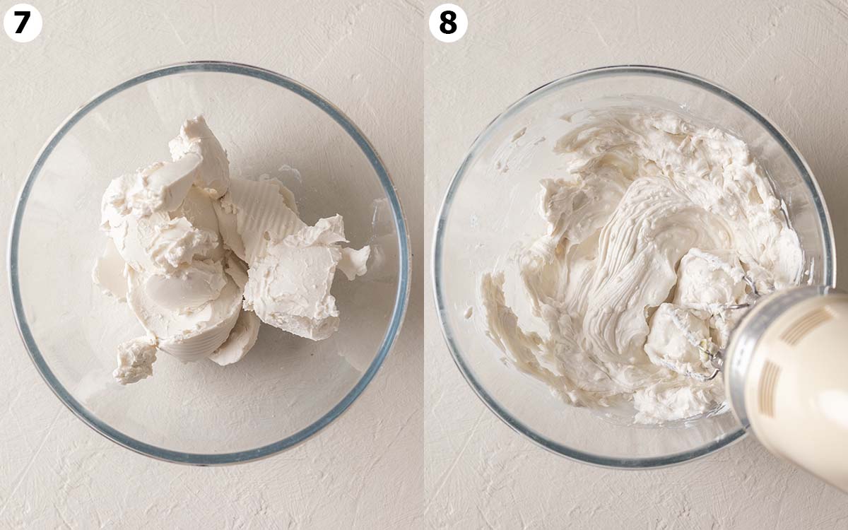 Two image collage of whipped cream in large mixing bowl.