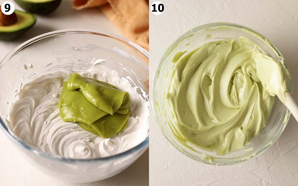 Two image collage of green avocado mixture poured on top of whipped cream and folded in.