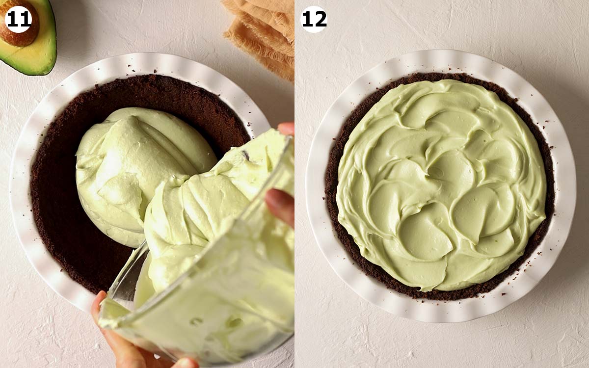Two image collage of pouring mint filling in pie dish and final undecorated pie.