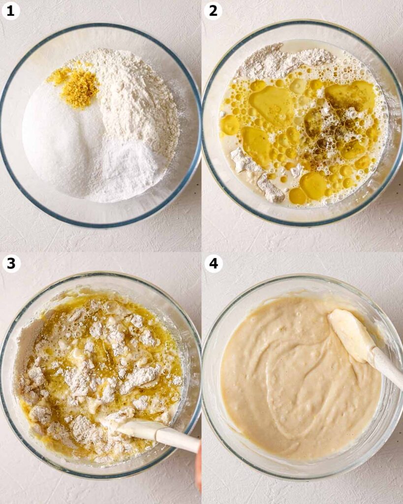 Four image collage of preparing the batter for the lemon cake.