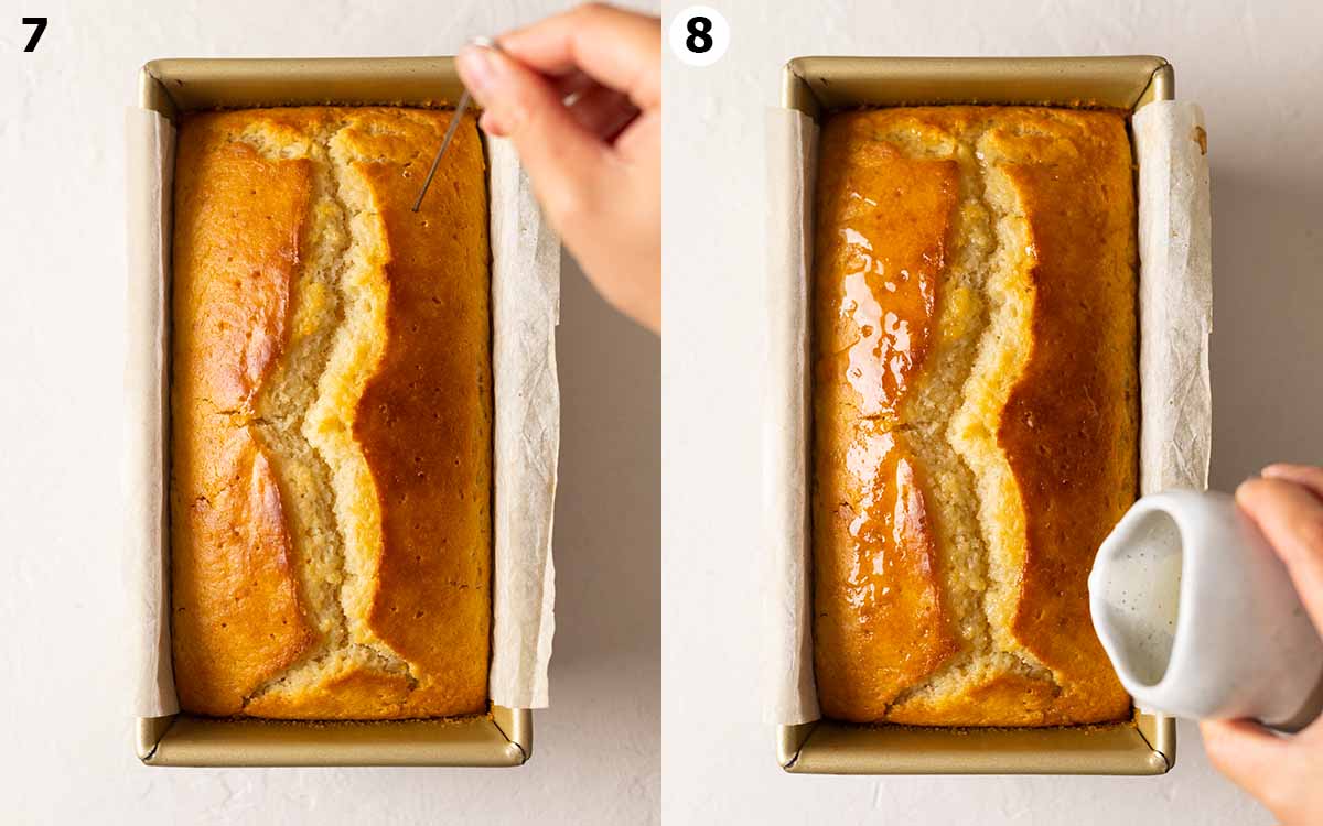 Two image collage of a skewer poking the baked vegan lemon loaf and drizzling the syrup over the cake.