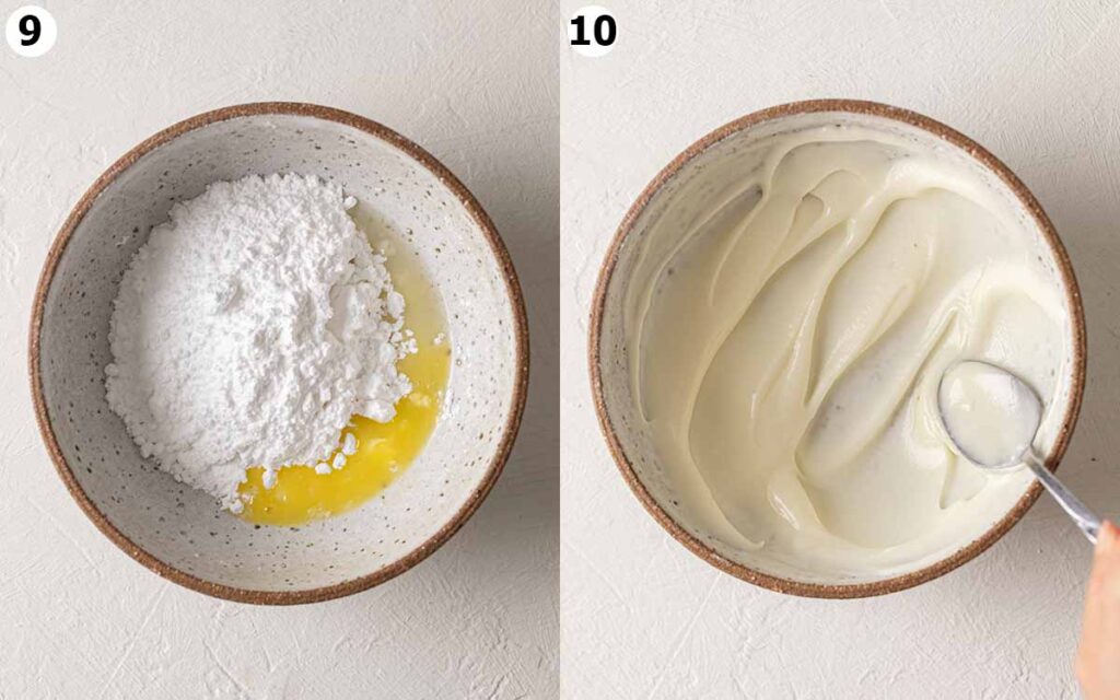 Two image collage of making icing for cake.