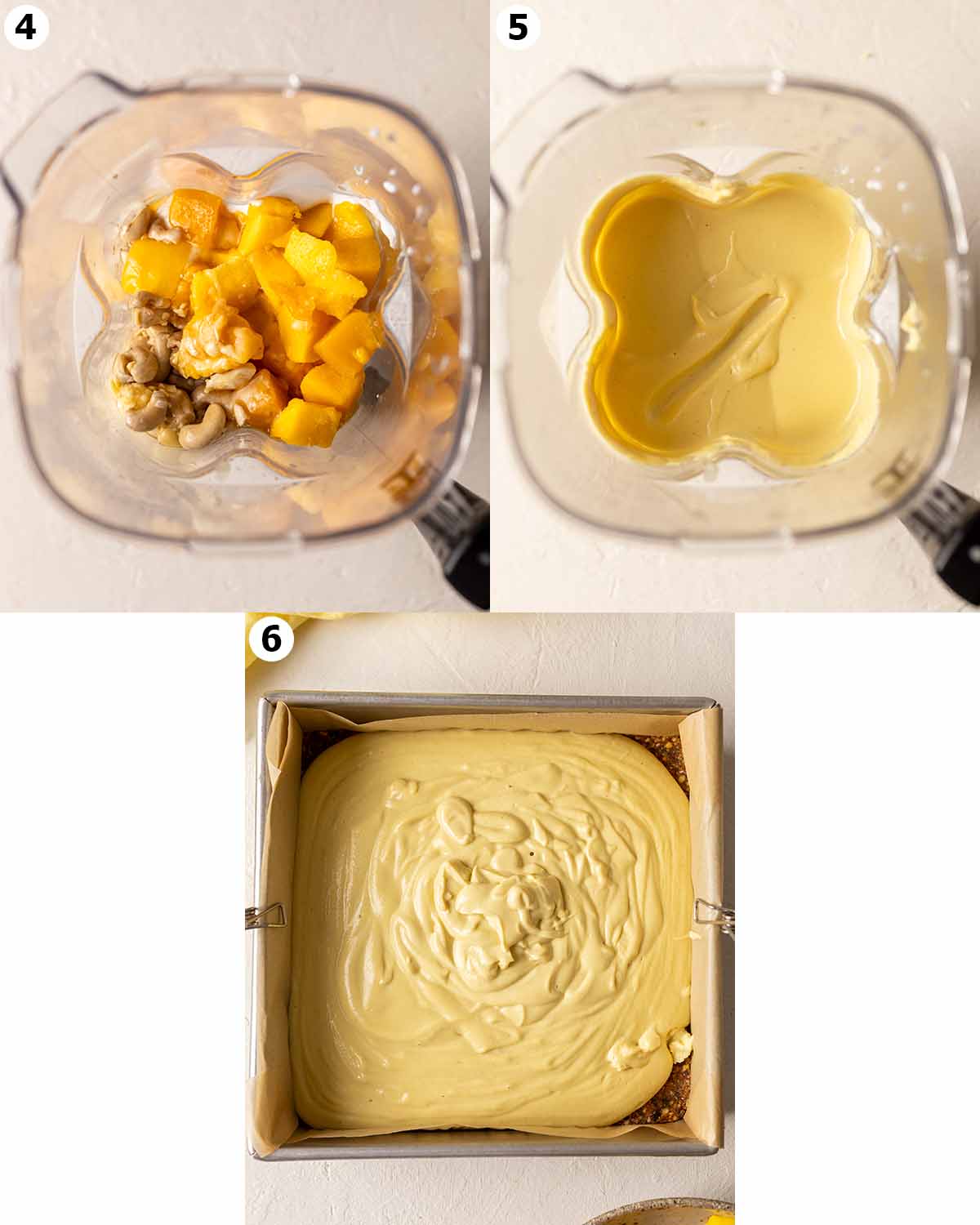 Three image collage showing how to make the filling for the cheesecake.