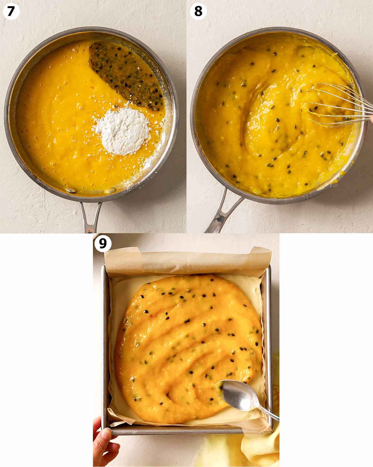 Three image collage showing how to make the mango curd for the cheesecake.
