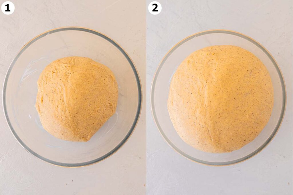 Two image collage of first rise of dough for cinnamon rolls.