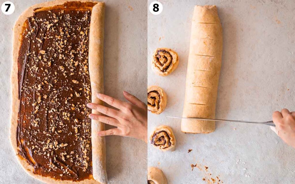 Two image collage of rolling and cutting the log of cinnamon rolls.
