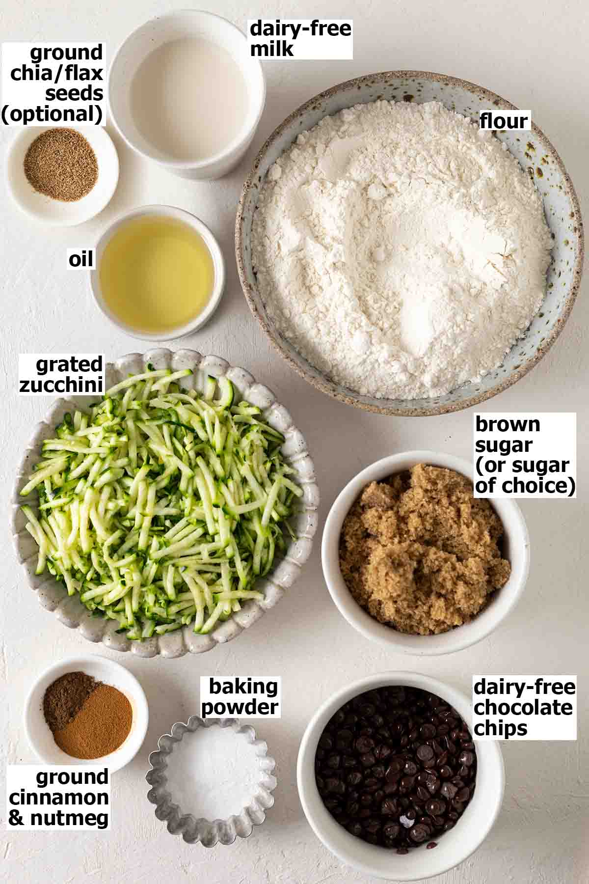Flat-lay of ingredients for zucchini bread.