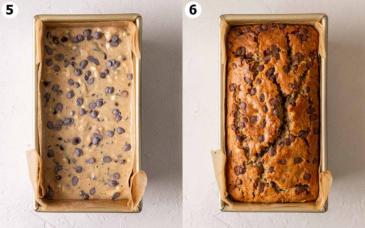 Two image collage of loaf pan showing before and after bread has been baked.