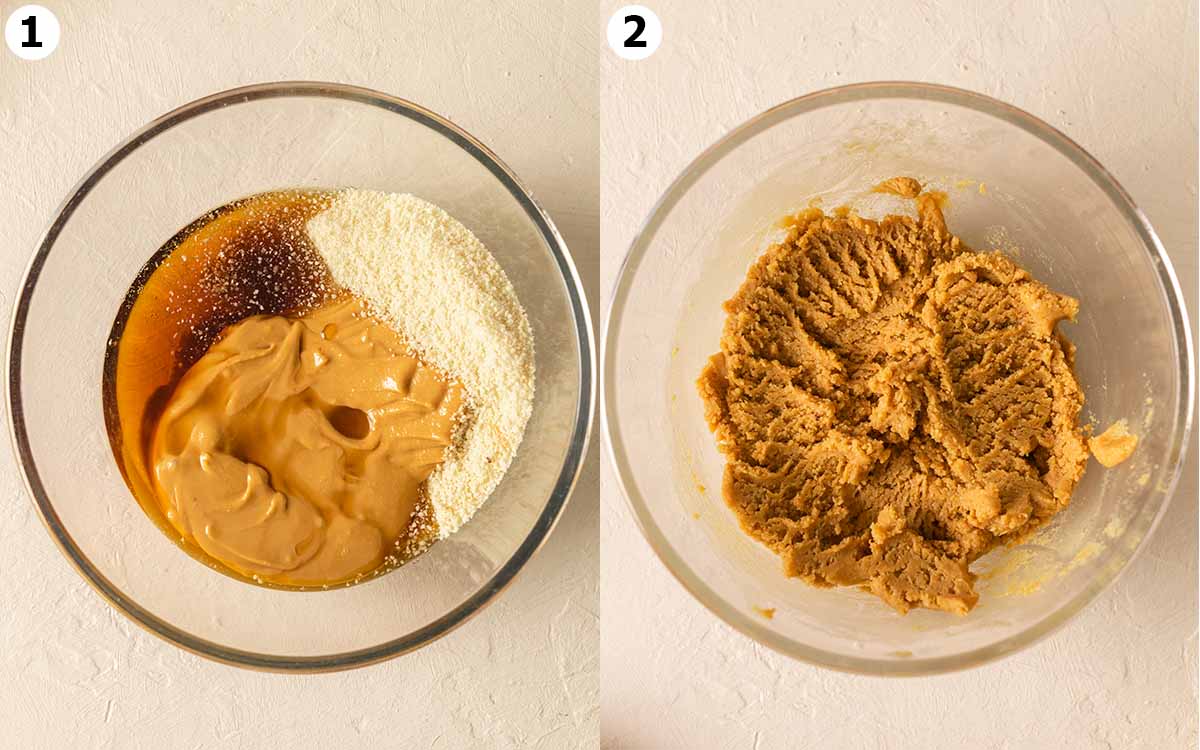 Two image collage of 3 ingredients in mixing bowl and final soft cookie dough.