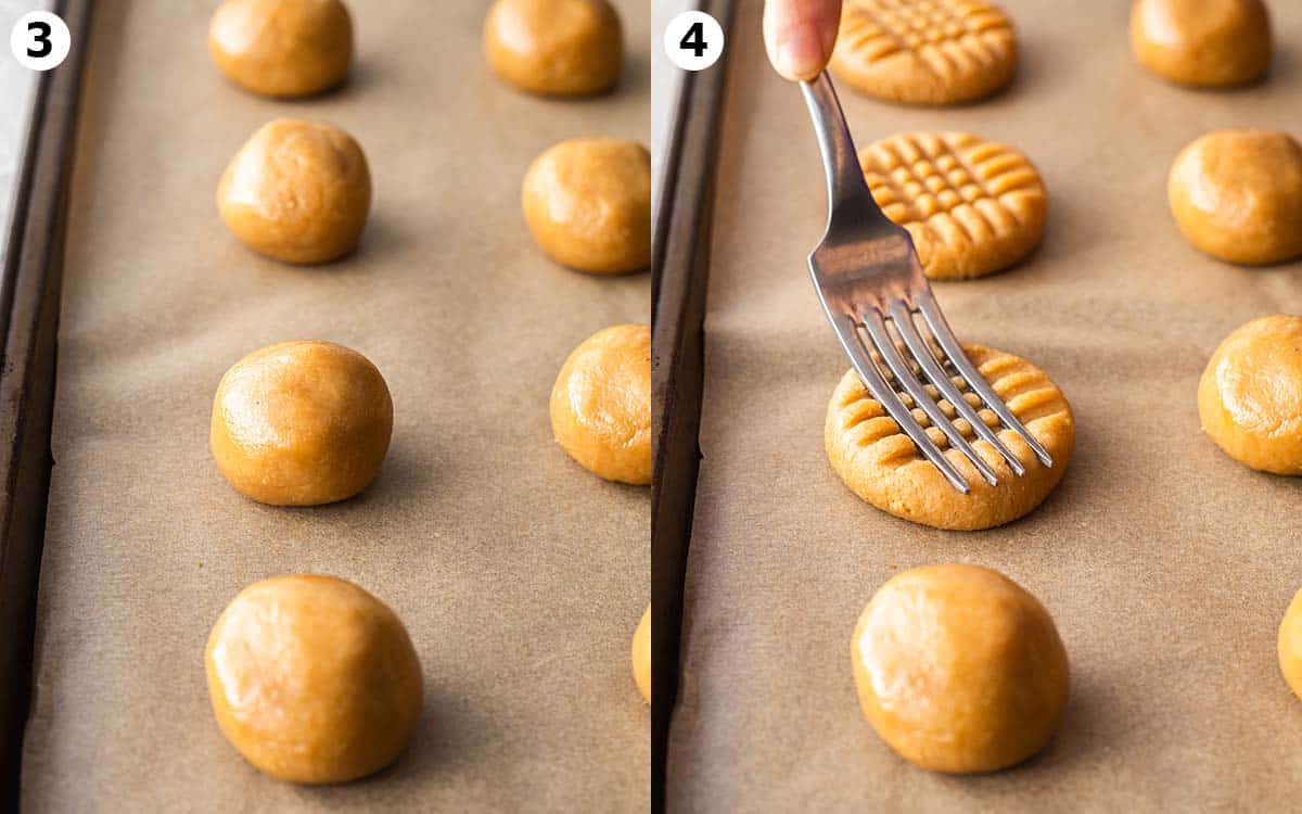 Two image collage of smooth peanut butter cookie dough balls and with fork pressing down each ball to make criss cross pattern.