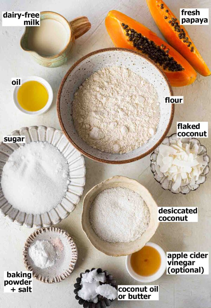 Flatlay of ingredients for papaya coconut cake.