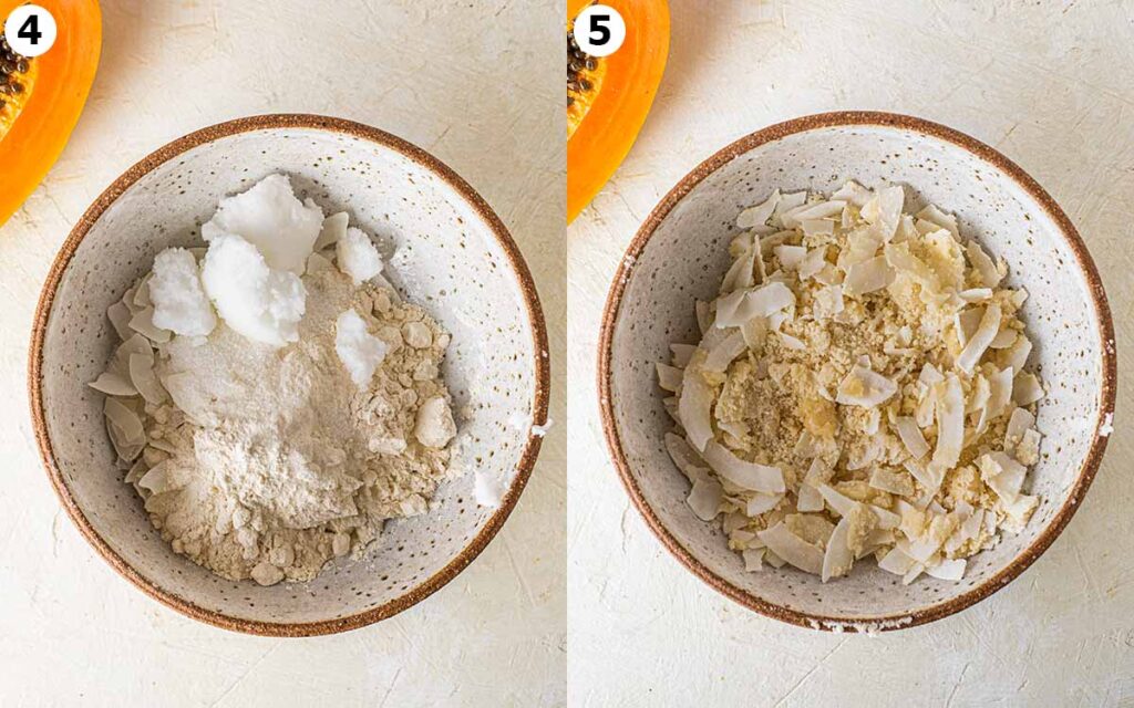 Two image collage showing how to make the coconut crumb topping for the papaya cake.