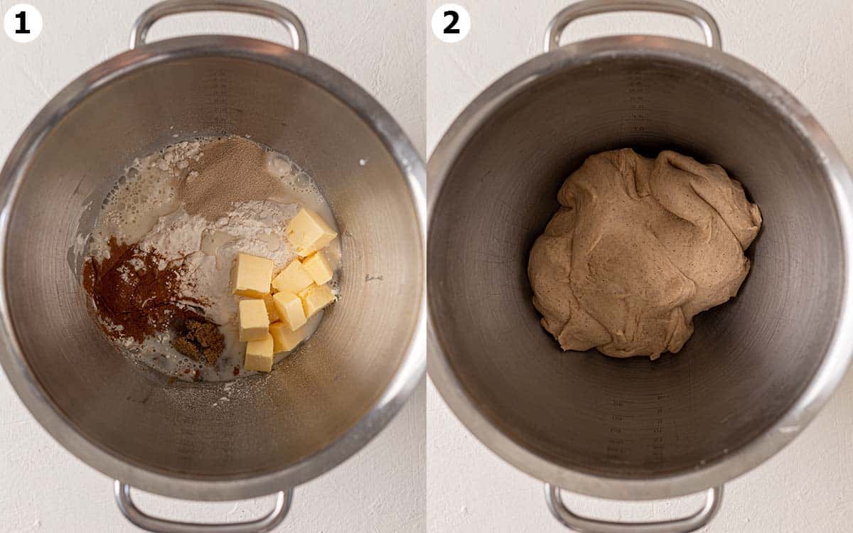 Two image collage of preparing the dough for the cinnamon rolls in the bowl of a stand mixer.