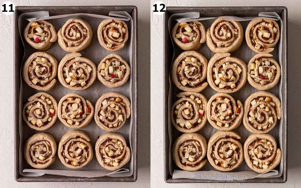 Two image collage of second rise of apple cinnamon rolls in baking tray.