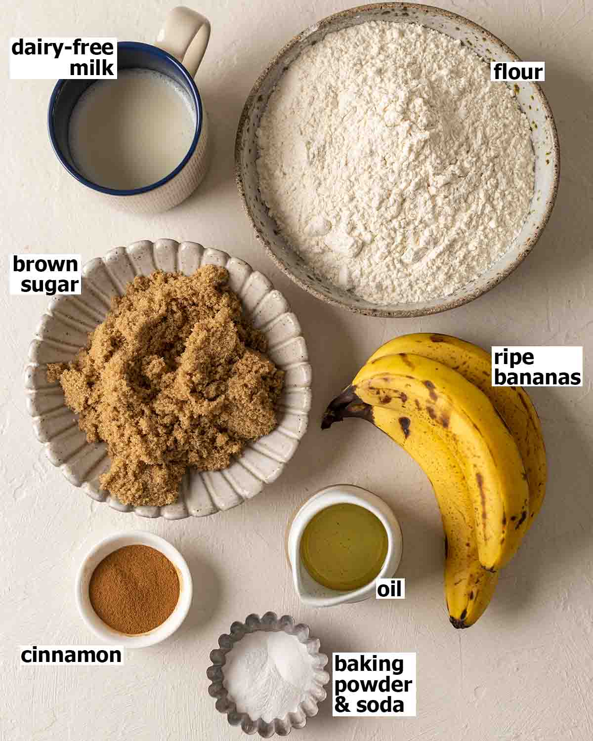 Flatlay of ingredients for banana muffins.