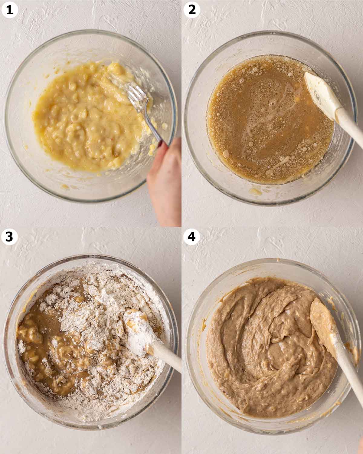 Four image collage of how to make batter for banana muffins in one bowl.