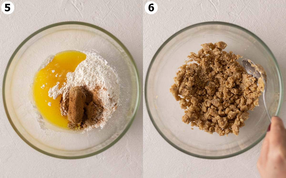 Two image collage showing how to make crumb topping for banana muffins.