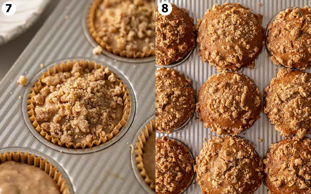 Two image collage before and after banana muffins are baked in muffin tray.