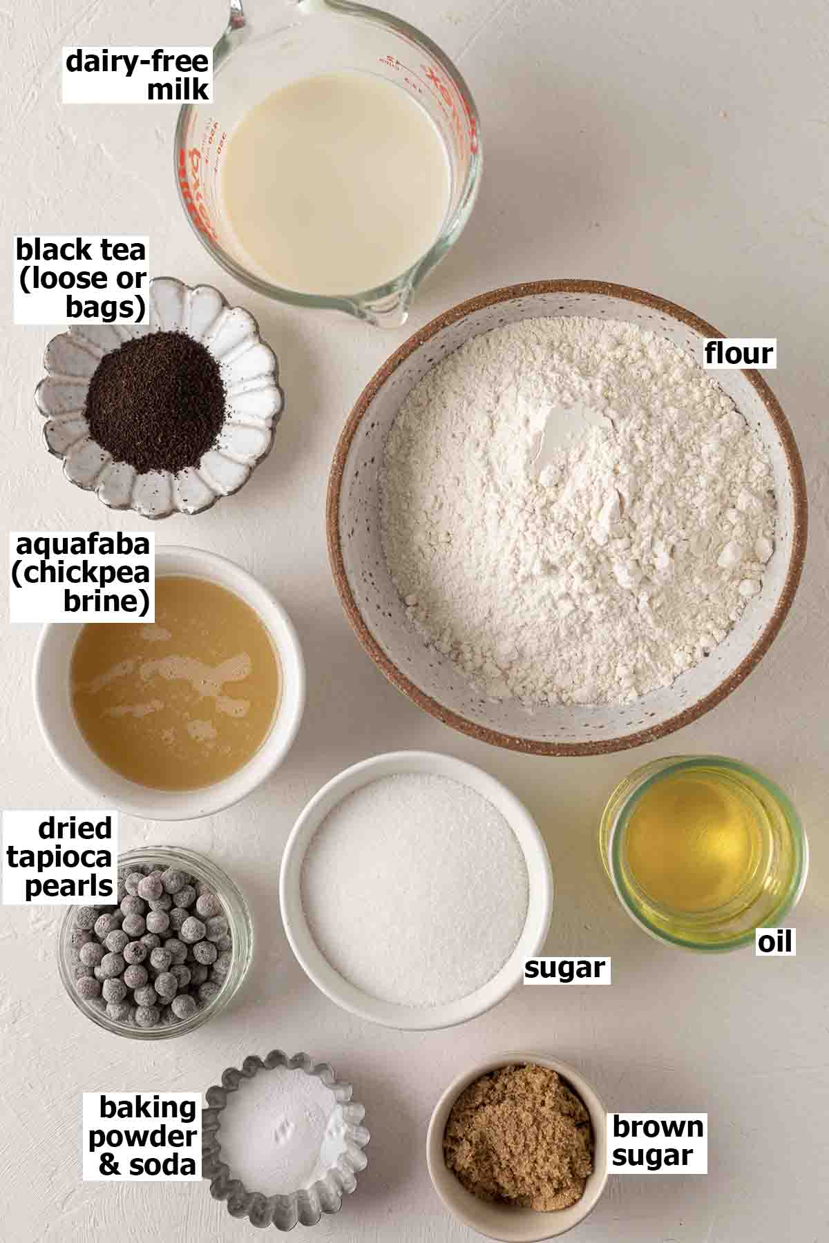 Flat lay of ingredients for vegan boba cake.