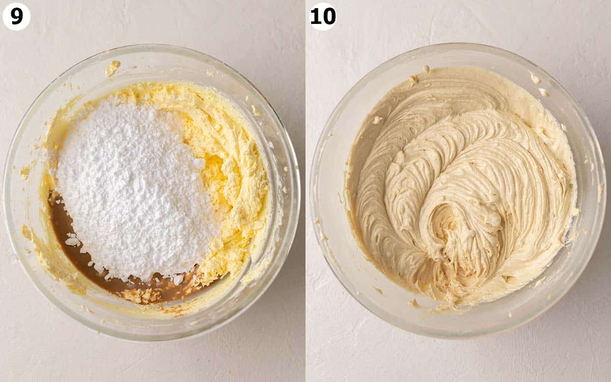 Two image collage showing how to make millk tea buttercream.