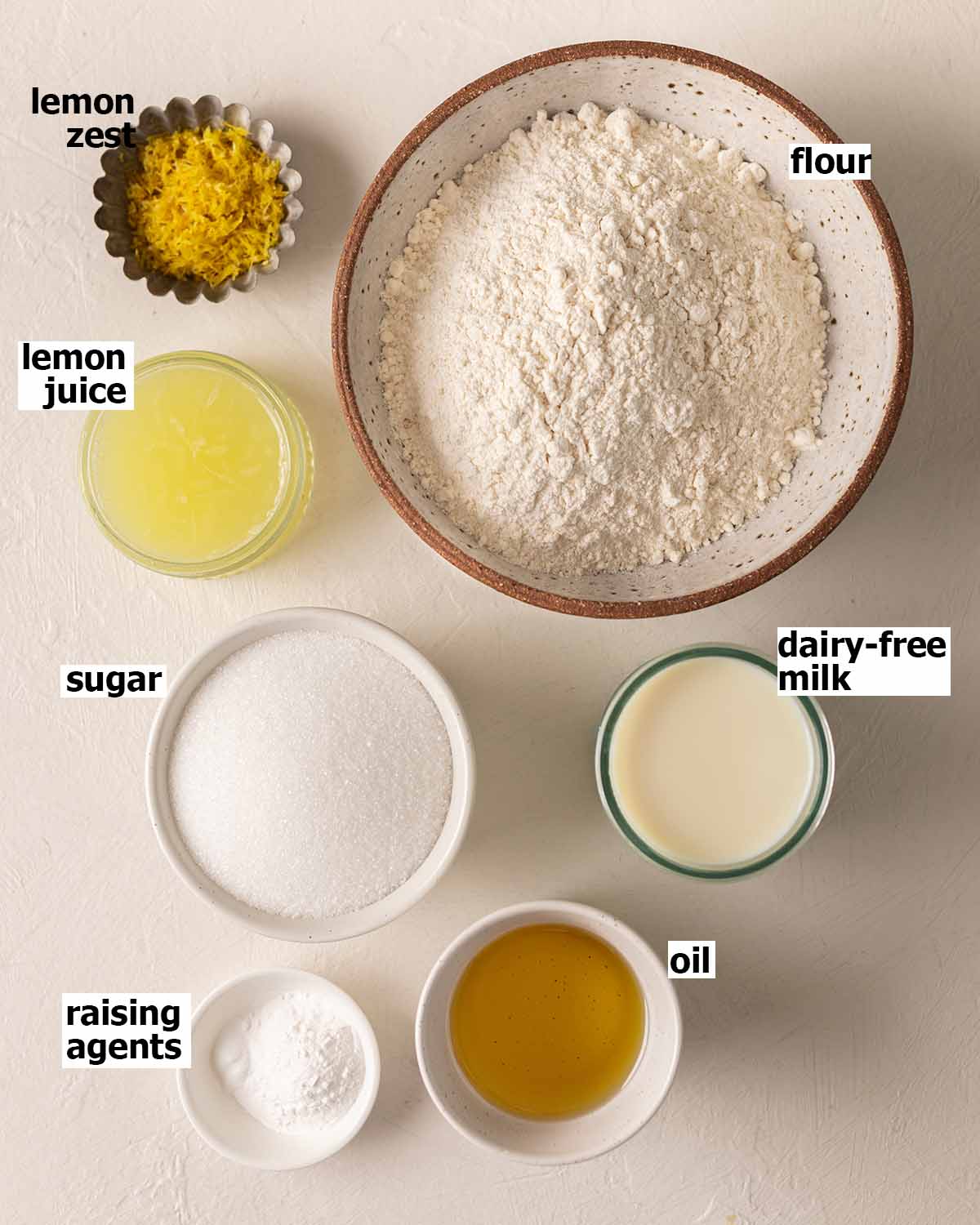 Flat lay of ingredients for lemon cake.