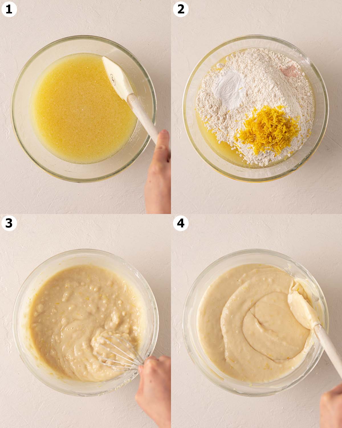 Four image collage of making lemon cake batter in mixing bowl.