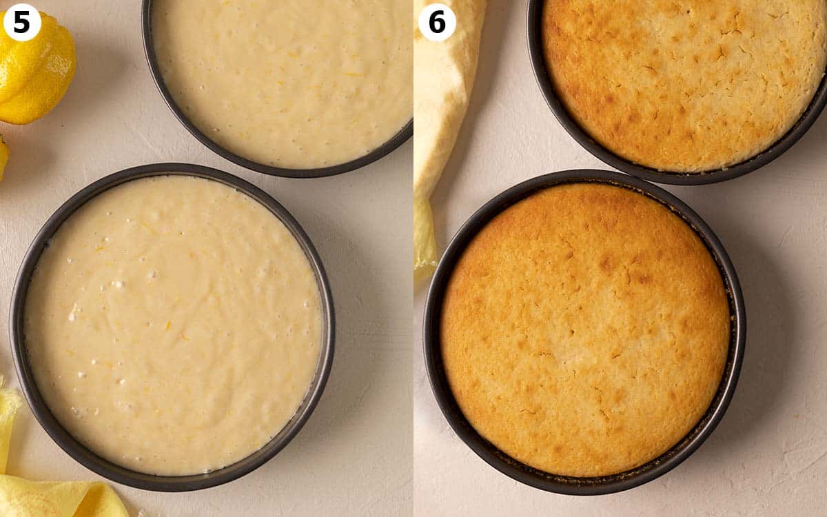Two image collage of cake in cake pans, before and after baking.