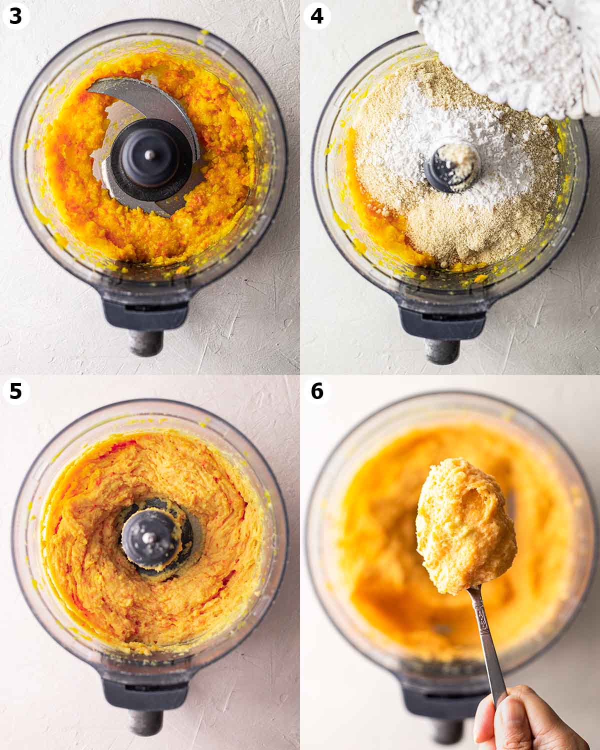 Four image collage of making the orange cake in a food processor.