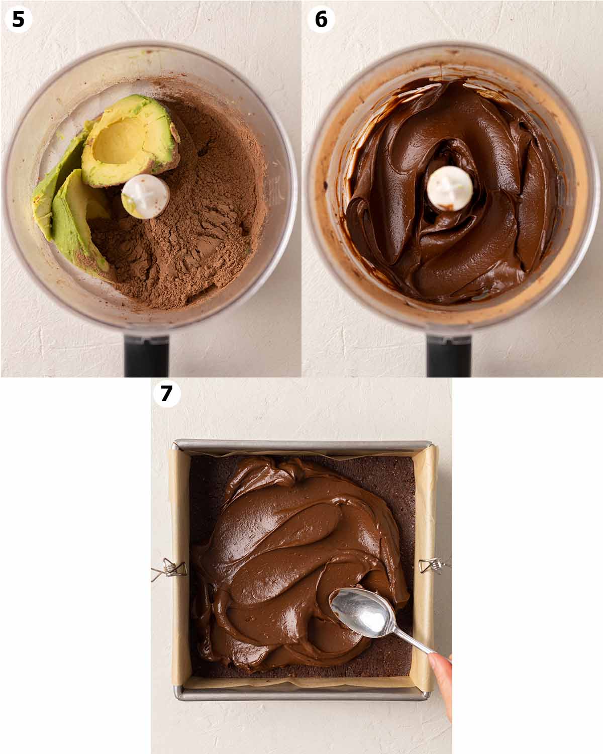 Three image collage showing how to make the chocolate frosting and spreading it on the brownies.