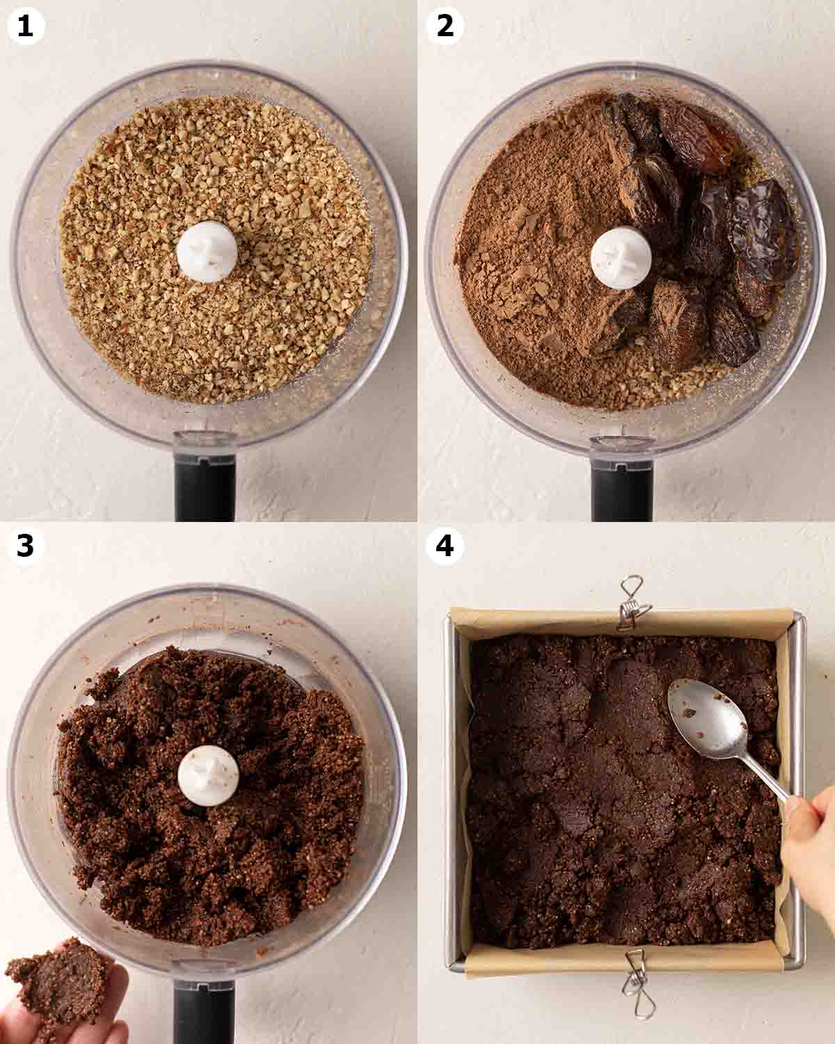 Four image collage showing how to make the brownies in a food processor and pressing raw dough into the cake pan.